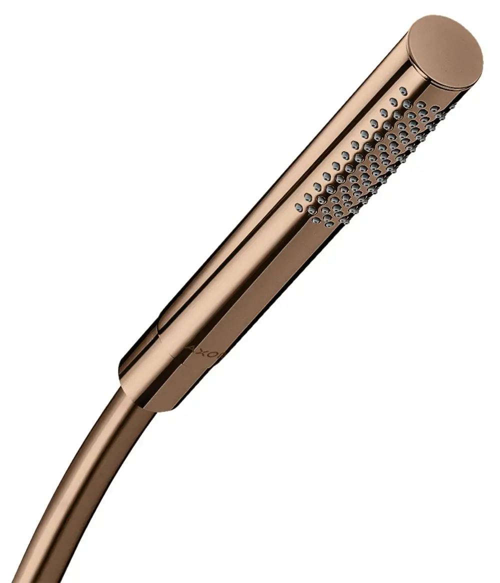 Handbrause in rotgoldener Finish von AXOR mit einer glatten, langen Form und einem Düsenbereich für den Wasserstrahl.